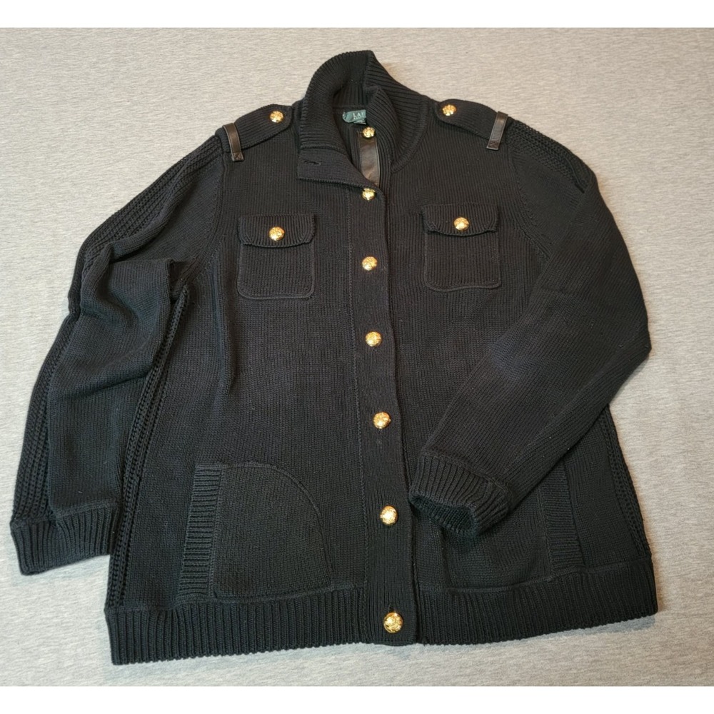 Lauren Ralph Lauren Vintage Military Cardigan Gold Buttons Black Cotton 2X